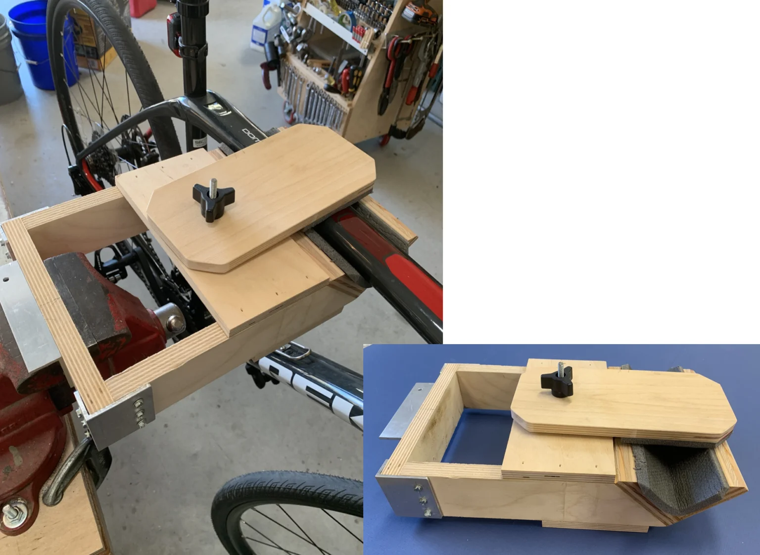 Bicycle maintenance clamp in use, mounted in a vise
