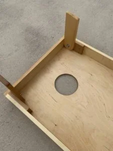 Cornhole board leg and hinge detail