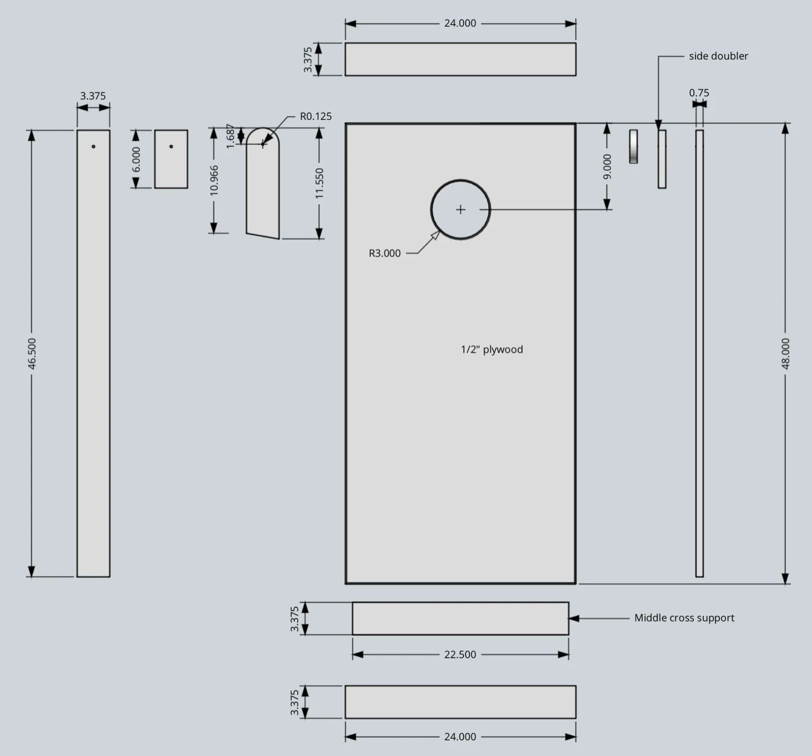 Cornhole board, 2D dimensioned CAD drawing