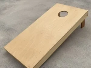 Finished cornhole board, corner detail