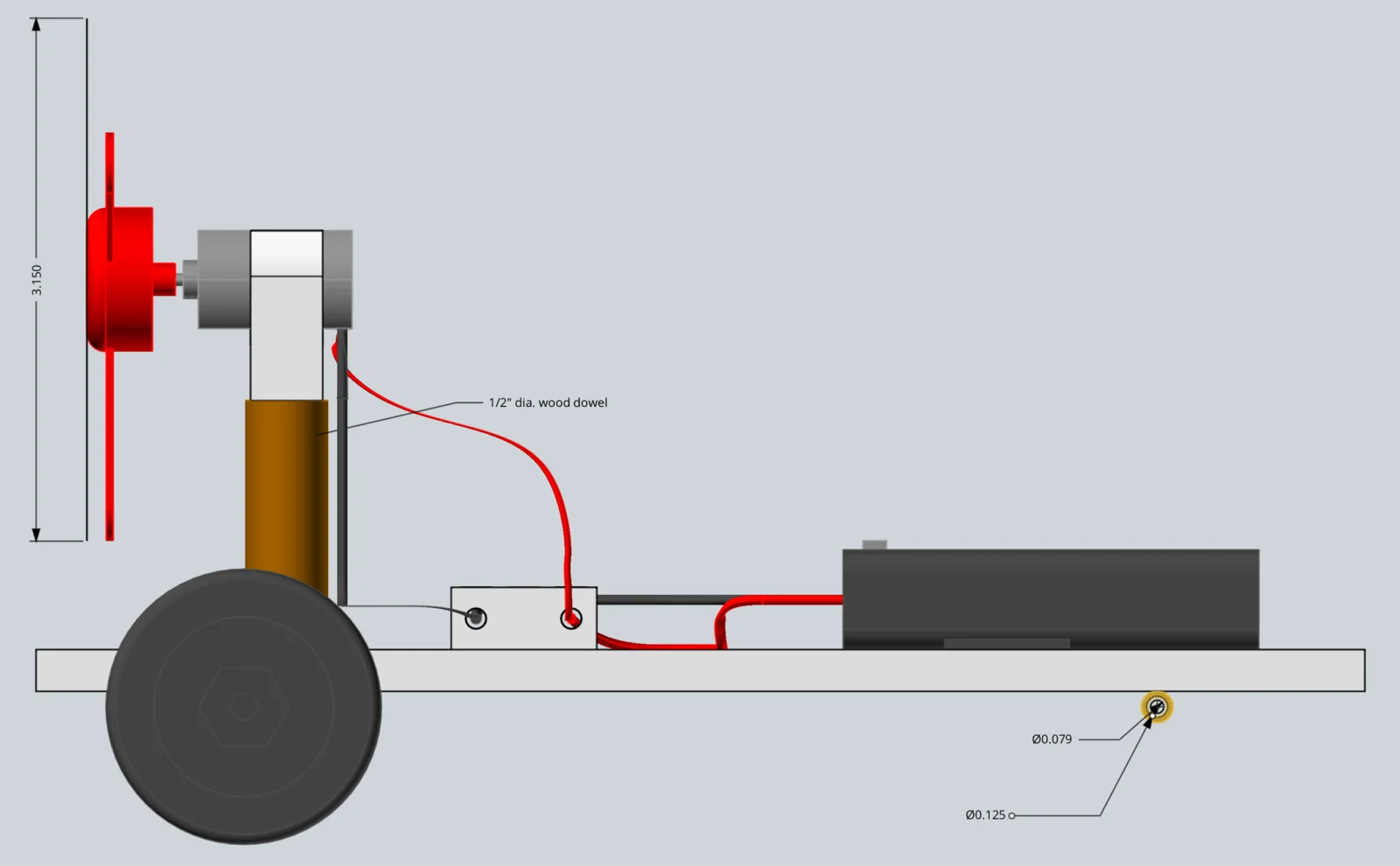 Fan powered toy car, side CAD view