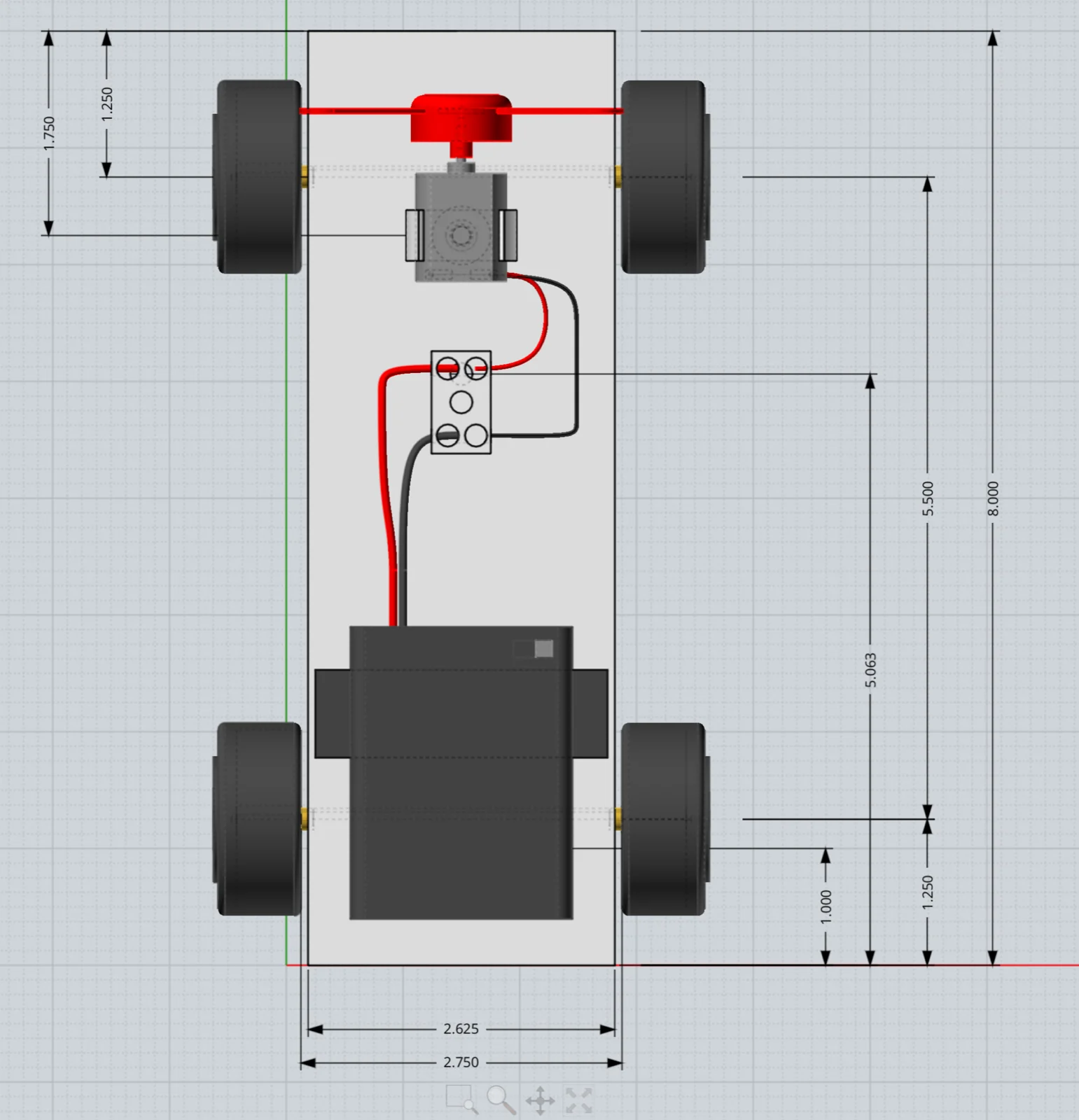 Fan powered toy car, top CAD view