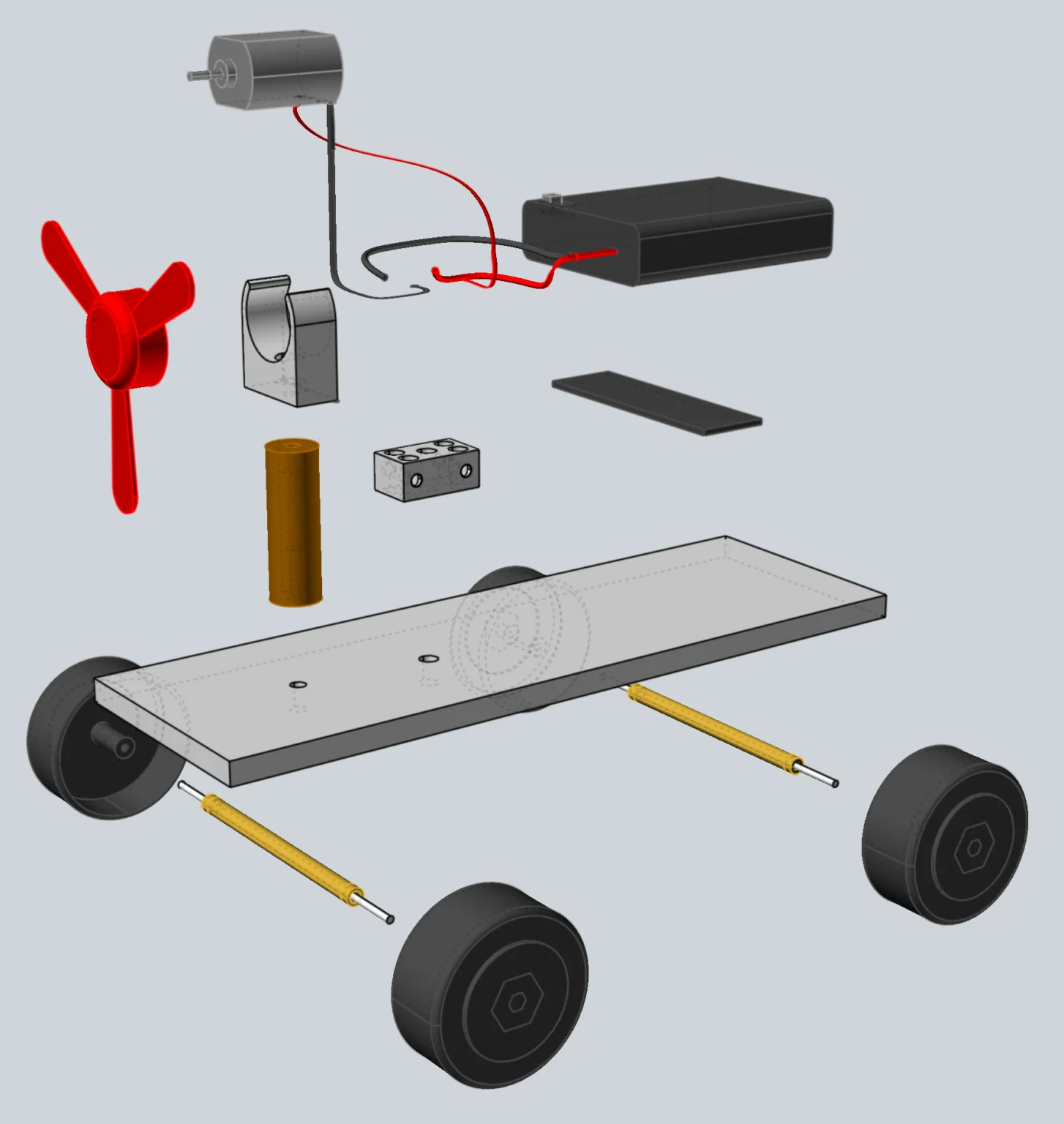 Fan powered toy car, exploded CAD view