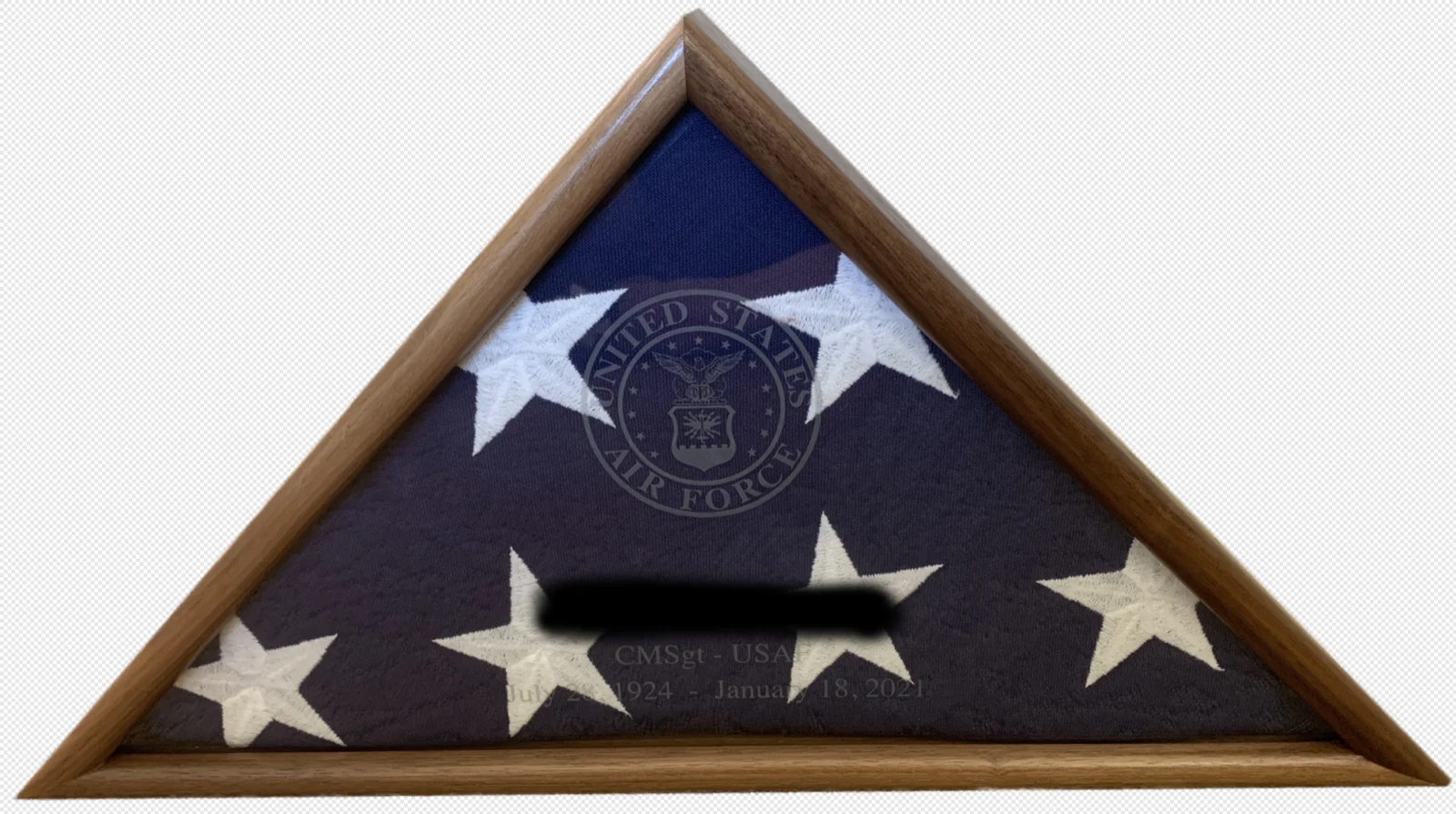 Finished flag display case with folded interment flag and etched glass panel