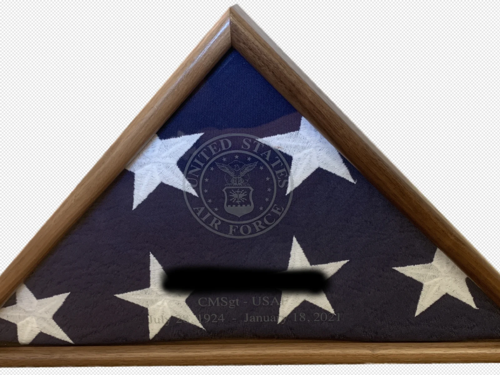 Finished flag display case with folded interment flag and etched glass panel