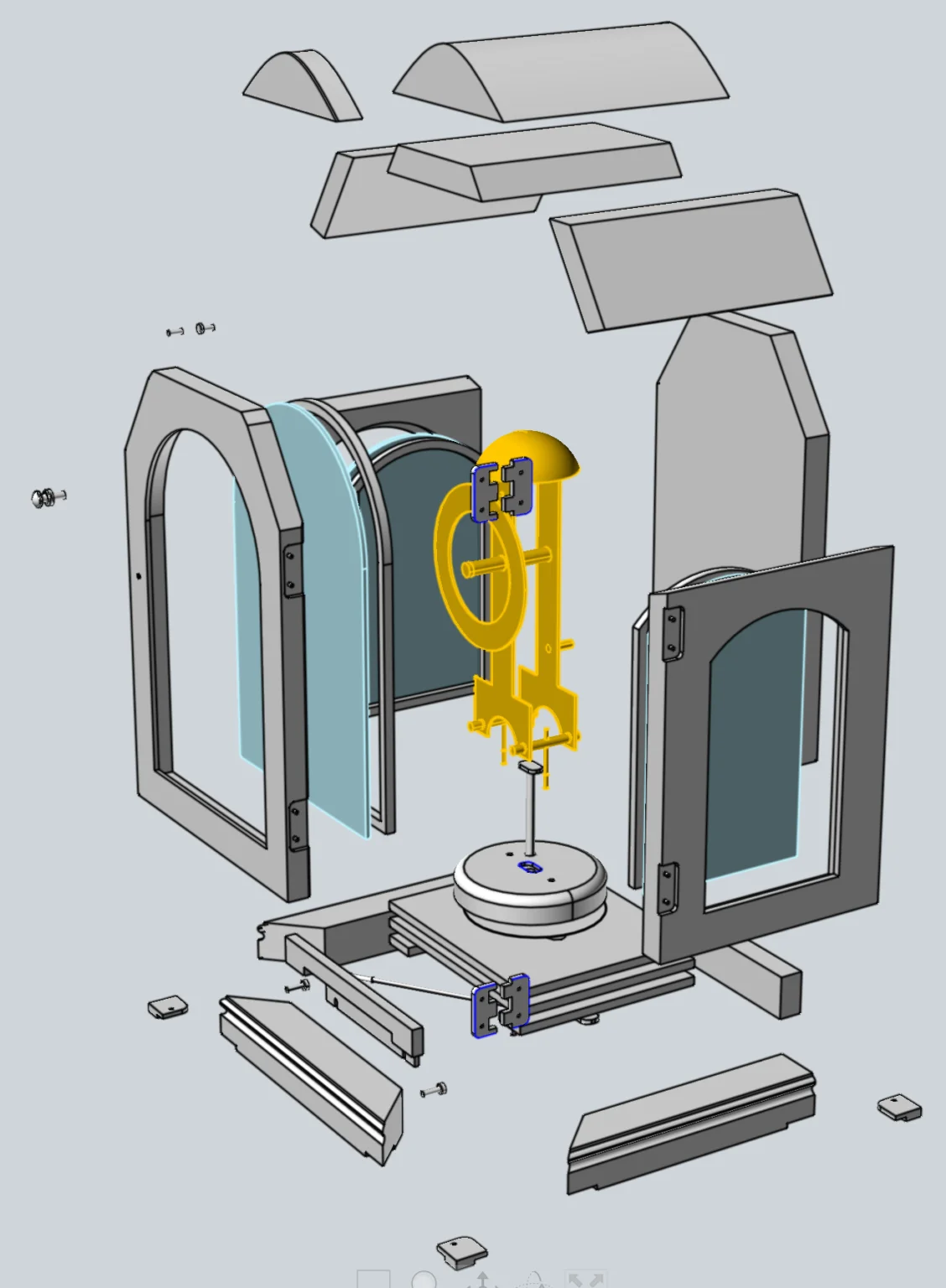 Mantel clock exploded CAD view, front top