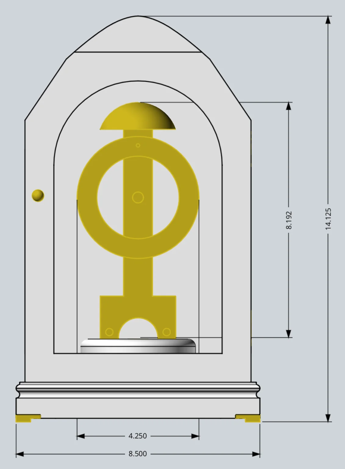 Mantel clock dimensioned front CAD view
