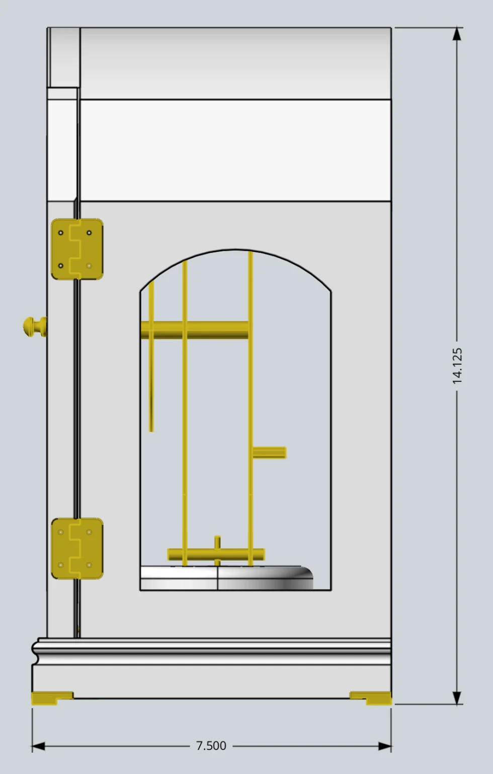 Mantel clock dimensioned side CAD view