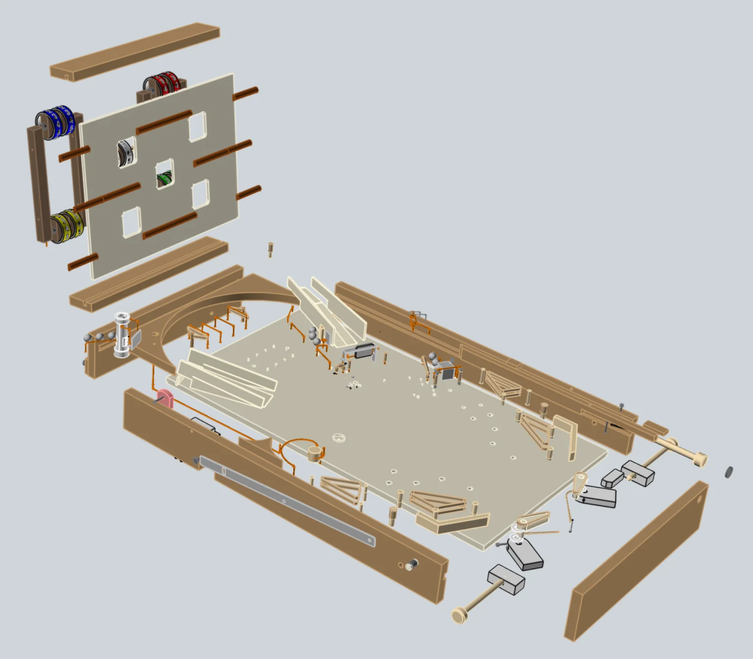 Mechanical pinball machine exploded CAD view